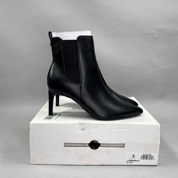 Calvin Klein Samara Booties Women's Size 8.5 Black Leather Heels Ankle Boots - Picture 1 of 13